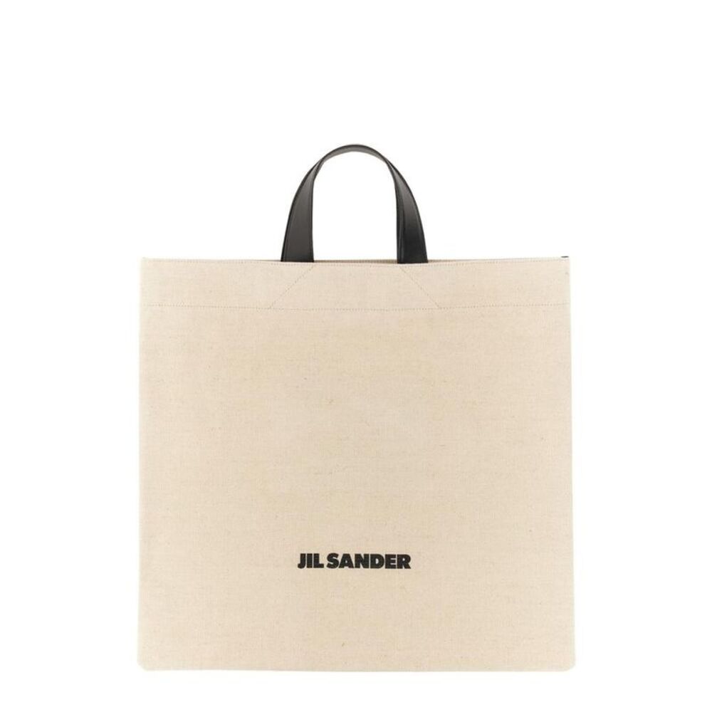 JIL SANDER Canvas Tote Bag with Leather Handles Men Beige Handbags